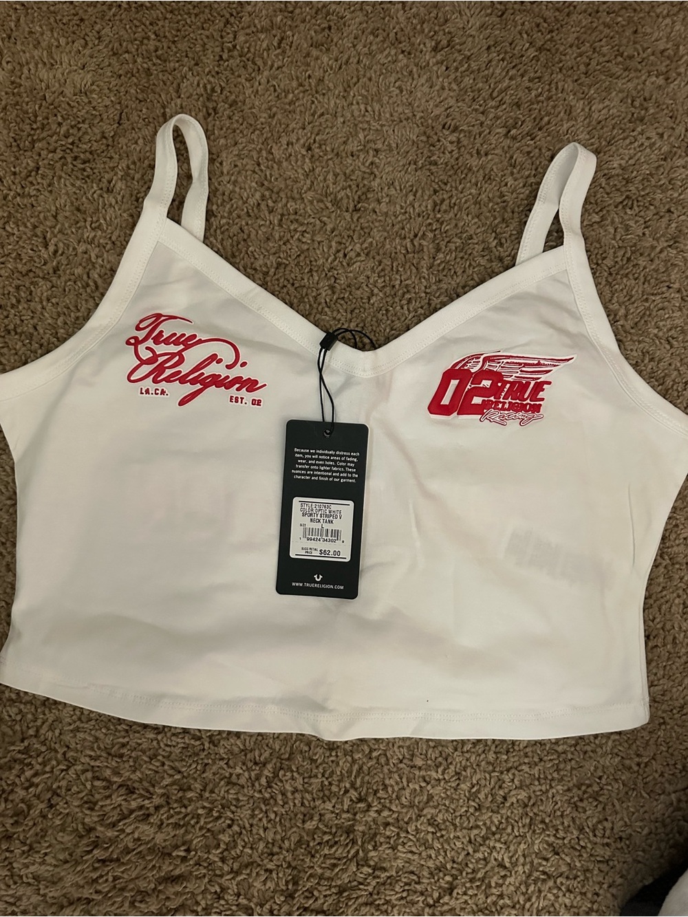 True Religion White Cropped Logo Cami with Red Graphics